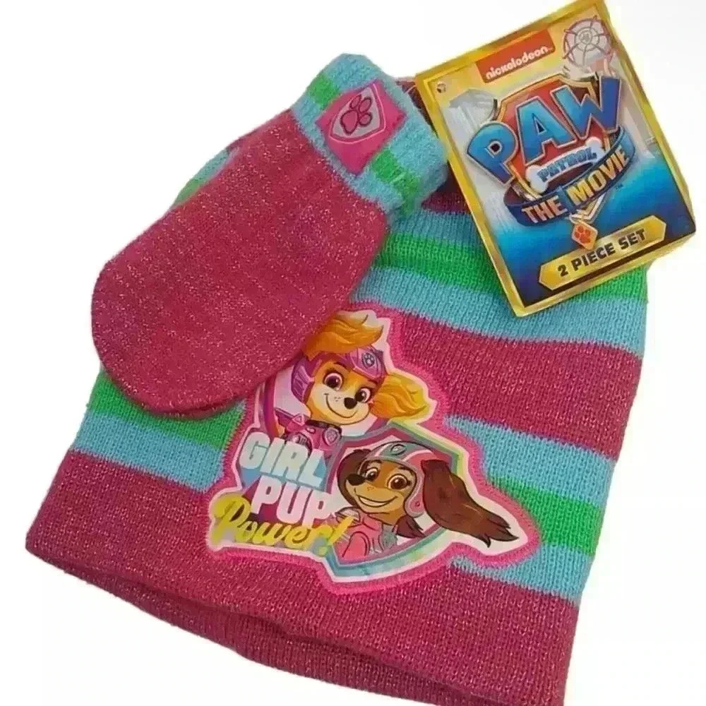 Paw Patrol Striped Hat and Pink Mittens Silver Sparkle New  1 Size fits most